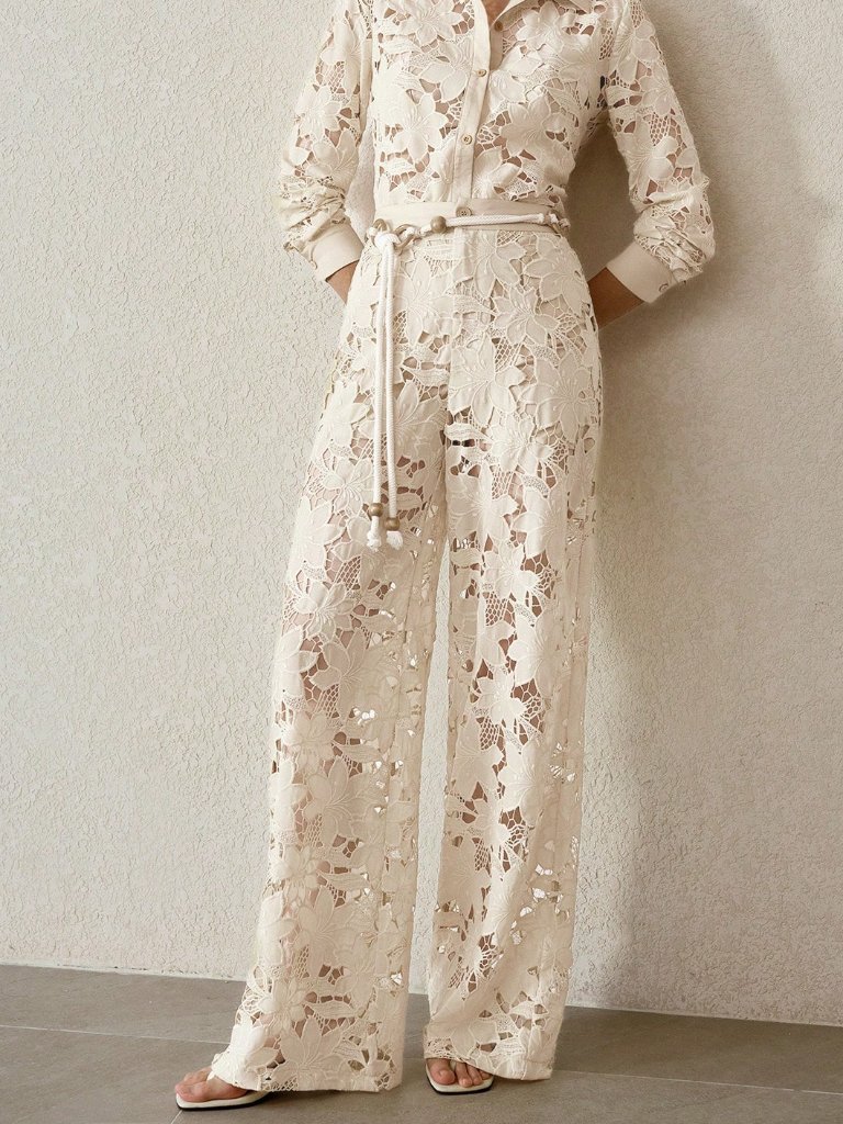 Beige Elegant Women's Premium Lace Straight Leg Pants